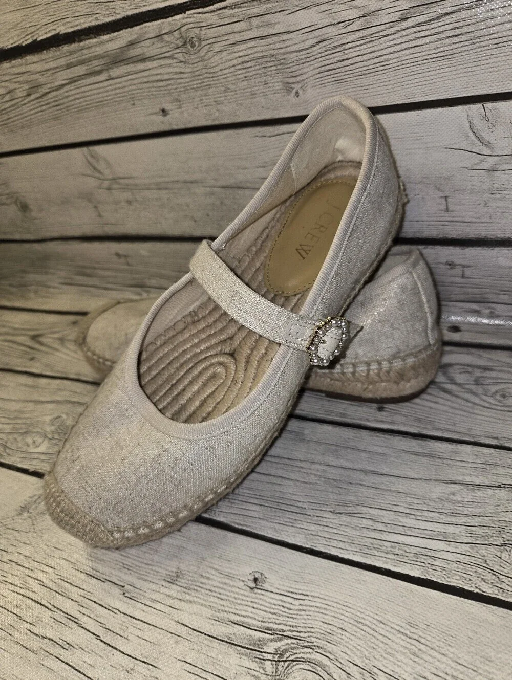J. Crew Espadrille Mary Jane Flats 8 New Linen organic cork cotton garden